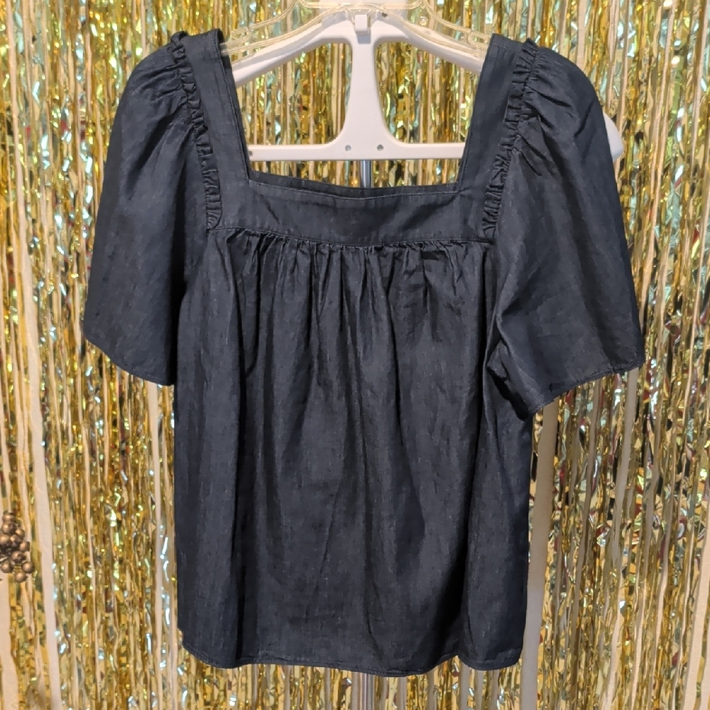 Draper James Dark Denim Square-Neck Short Sleeve Top